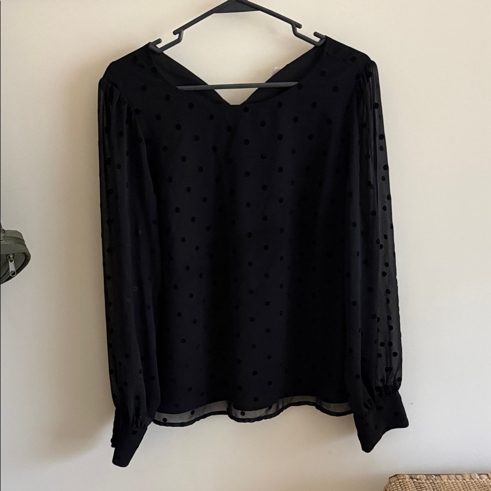 J. Crew Black Dotted Semi-Sheer Long Sleeve Blouse